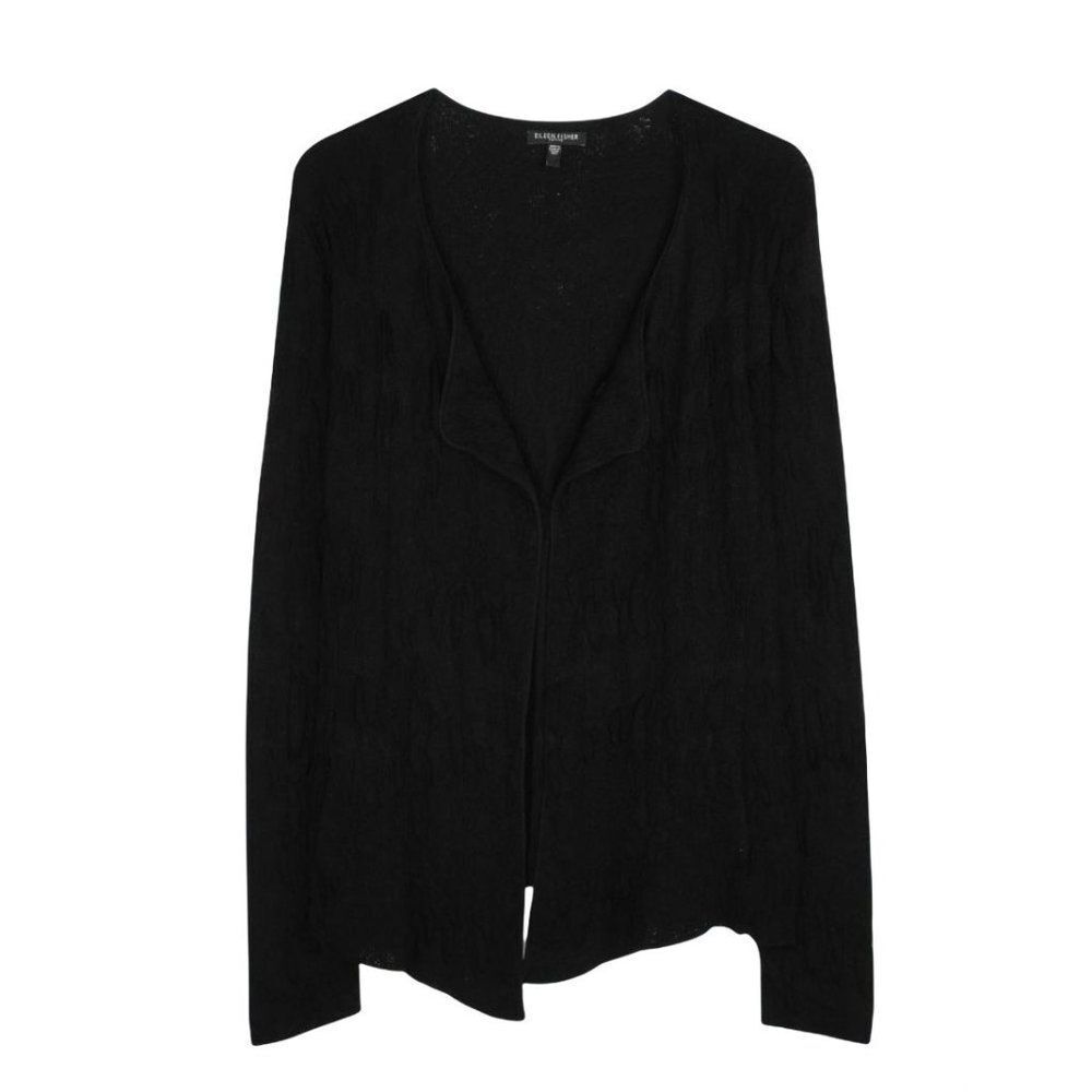 Eileen Fisher Size XS Black Fauna Jacquard‎ Cardigan Jacket Cotton Viscose Blend